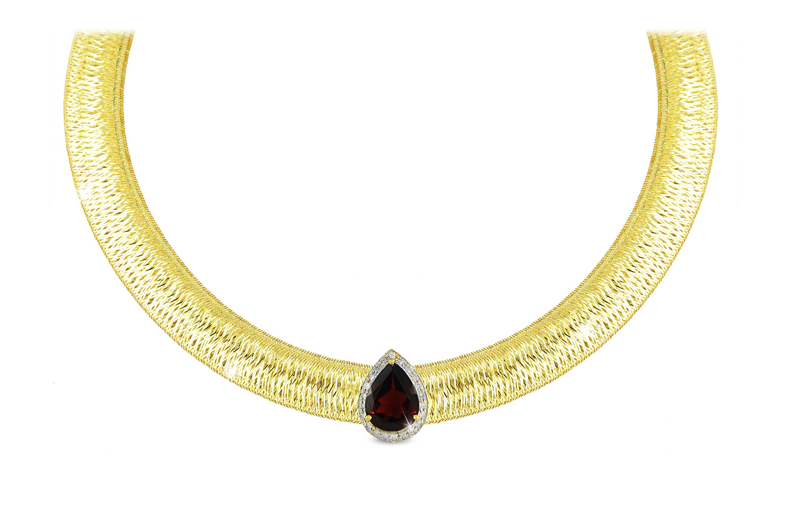 Vera Perla 18K Gold 0.12ct  Diamonds, Garnet Necklace